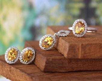 Golden Topas Schmuck-Set-Braut Topas Set-Ohrring Anhänger Ring Set-Minimalist Golden Topas Set-Statement Schmuck-Set-Braut Geschenk Schmuck-Set