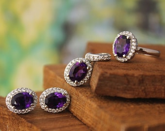 Natürliche Amethyst Silber Schmuck Set-Amethyst Ring Anhänger Ohrring -Amethyst Vintage Schmuck-Set-Cluster Schmuck-Set-Amethyst Minimal Juwel