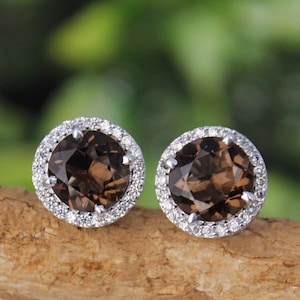 Natural Smoky Quartz Minimalist Stud Earrings-925 silver Smoky Quartz Round 9 mm Stud-Smoky quartz Vintage Earring-Brown Quartz Halo Earings