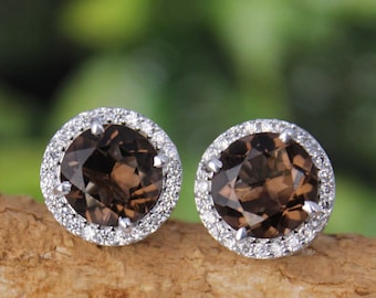 Boucles d'oreilles minimalistes en quartz fumé naturel en argent 925 Quartz fumé rond 9 mm - Boucles d'oreilles vintage en quartz fumé - Boucles d'oreilles halo en quartz brun