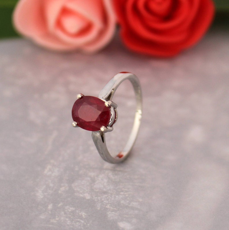 Anillo de rubí rojo 925 plata-ruby oval ovalable anillo-julio anillo de piedra de nacimiento-oval solitario ruby anillo-halo&zodiac anillo de rubí-genuino anillo de piedra preciosa imagen 2