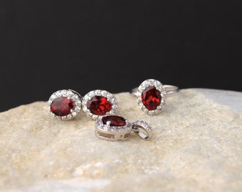Granat Braut Schmuck-Set-Granat Ring Ohrring Anhänger Set-natürlicher Granat Schmuck Set-Statement Granat Schmuck Set-Januar Birthstone Set