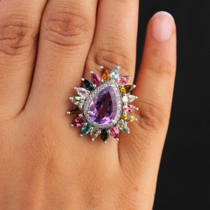 Amethyst Cocktail Ring-Multi Gemstone Amethyst Tourmaline Ring-Boho Amethyst Teardrop Ring-Feb Statement Ring-Amethyst vintage Pear Ring