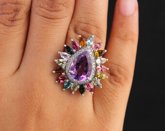 Amethyst Cocktail Ring-Multi Edelstein Amethyst Turmalin Ring-Boho Amethyst Tropfen Ring-Feb Statement Ring-Amethyst Vintage Pear Ring