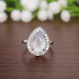 Rainbow Moonstone halo ring, art deco ring, unique anniversary gift, pear cut ring, moonstone ring, engagement rings, Milgrain  bridal ring