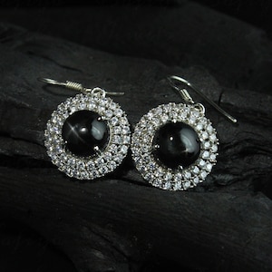 Black star dangle earrings-Cluster earrings-Handmade Earrings-Art deco earrings-Anniversary Gift-925 silver-Gift for her wife-March stone