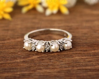 Pearl Engagement Band/ Art deco Genuine Pearl Ring/Wedding Pearl Ring/Pearl Accessories/Bridal Ring/Stackable Ring/Pearl half eternity ring