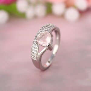 Natural Rose Quartz Engagement Ring/Cz Statement Ring,Wedding Ring band/Art deco halo ring/ Antique trilliant cut bridal ring/ Milgrain ring