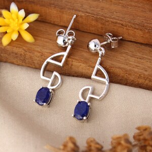 Blue gemstone silver drop earrings, Geometric design earrings, Modern unique earrings, Lightweight everyday earrings,silver minimal earrings