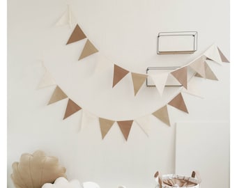 Bannière de guirlande BEIGE, drapeaux en coton pour chambre de bébé, décoration murale guirlande, guirlande de drapeaux, guirlande de bruants, guirlandes brunes, chambre d'enfants, 1er anniversaire