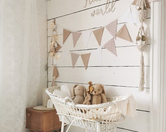 Bunting banner with star design, Beige triangle chain, Bunting garland for nursery, Baby shower, Nursery wall decor, Cotton wimpelkette