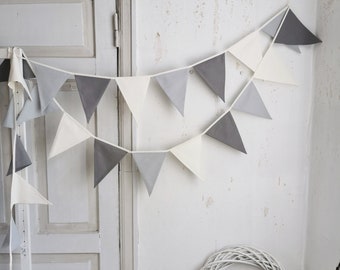 Banderole blanc cassé et gris, drapeaux en coton pour chambre de bébé, guirlande en tissu, bannière de bruant, wimpelkette gris, guirlande grise pour chambre d'enfants