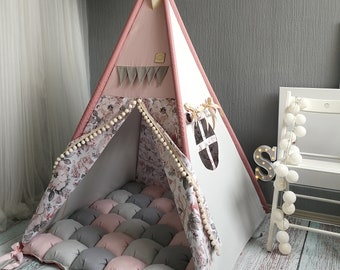 Tente tipi personnalisée, tipi pour filles, tente de jeu rose et grise, jardin d'enfants en fourrure zeste, ensemble de tipis pour la chambre de bébé, ensemble de tipis avec matelas à bulles