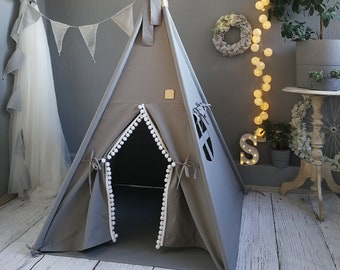 GRAY cotton teepee, Cotton tipi set for kids, Playhouse for nursery, Teepees for kids, Tipi tent, Play tent, Tent with wooden poles, Gift