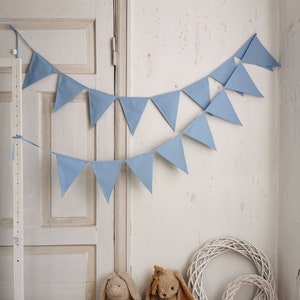 Baby blue bunting banner for boys room or nursery. Beautiful pennant chain for first birthday or baby shower. Garland is made from cotton fabric which is double sewed-two layers. Fabric triangles comes in different lenghts from 1metre till 100 meters