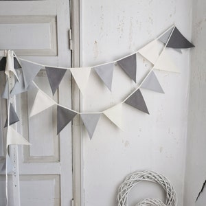 Cotton fabric triangles bunting banner. Available custom lengths from 1 meters till 100 meters. Bulk option available. In the picture colors are off white light gray and gray, but we offer personalization for colors in the last picture. Wimpelkette