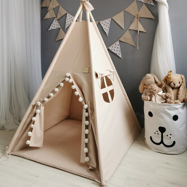 Tente tipi BOHO, tipi BEIGE pour enfants, tipi de couleur neutre, tipi pour chambre de bébé, tipi BLANC pour chambre d'enfants, tente tipi grise, ensemble de tipis pour enfants