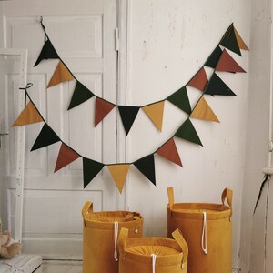 MUSTARD and GREEN bunting banner, Cotton flags for nursery, Fabric garland, Bunting banner, Brown wimpelkette, Green garland for kid nursery
