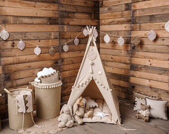 Beige teepee tent, Zelt fur kinderzimmer, Boho style teepee, Neutral color teepee, Tent with stabilizer, Full set teepee tent for nursey