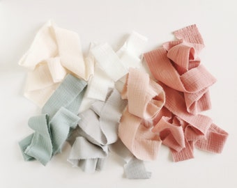 Raw muslin edge ribbons for gift, Organic cloth gift wrapping, Double gauze bouquet ribbon for weddings, Dusty pink wedding bouquet ribbon