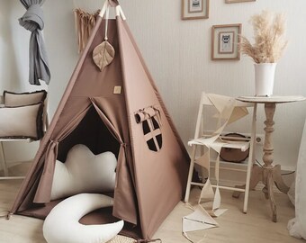 BROWN teepee tent, Teepee set with pillows, Zelt fur kinderzimmer, Tipi with padded mattress, Wigwam for kid nursery, Fabric teepee tent.