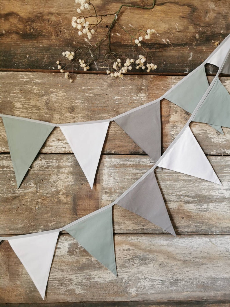 White sage green and grey bunting banner for kid nursery wimpelkette baderole garden festive baby shower custom order pennant chain cotton triangles premium fabric 1st birthday party nursery room home weddings wall decor girlande madchen kinderzemmer