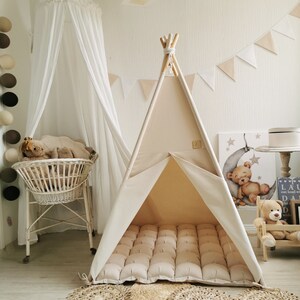 Off white CANVA teepee, Teepee with stabilizer, Tipi with poles, Tipi full set, Teepee with mattress, Playhouse with poles, Kid nursery home image 2