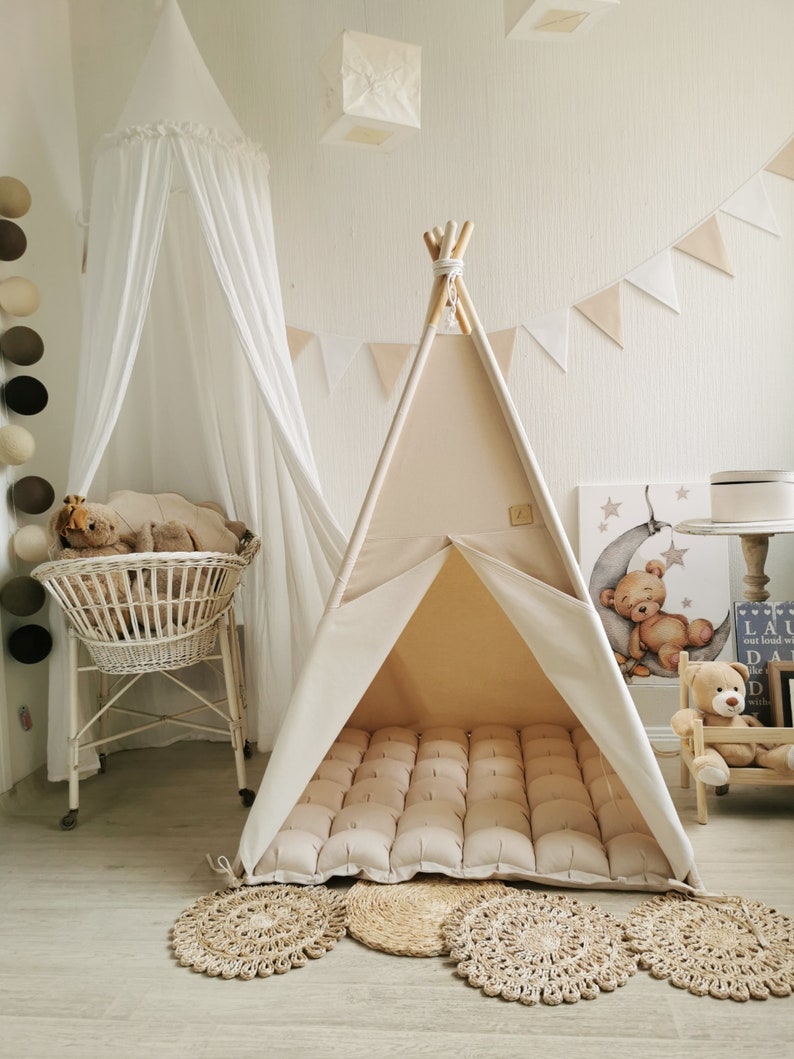 Off white CANVA teepee, Teepee with stabilizer, Tipi with poles, Tipi full set, Teepee with mattress, Playhouse with poles, Kid nursery home image 2