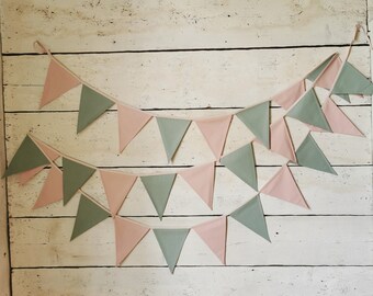 PINK and SAGE GREEN bunting, Bunting banner,Banner for baby shower, nursery decor, Cotton flags, Party wall decor, Decoration for kids room