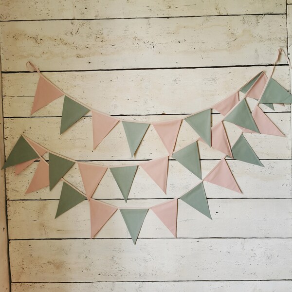 PINK and SAGE GREEN bunting, Bunting banner,Banner for baby shower, nursery decor, Cotton flags, Party wall decor, Decoration for kids room