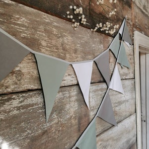 White sage green and grey bunting banner for kid nursery wimpelkette baderole garden festive baby shower custom order pennant chain cotton triangles premium fabric 1st birthday party nursery room home weddings wall decor girlande madchen kinderzemmer