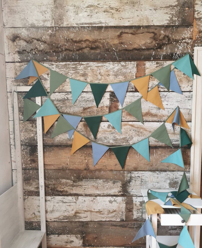 Bunting banner, Katoenen wimpelkette voor kinderdagverblijf, Katoenen slinger, Wimpelketting, Groene gors, Blauwe bunting, 1e verjaardagsfeestje wimpelkette afbeelding 1