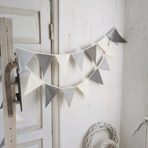 Cotton fabric triangles bunting banner. Available custom lengths from 1 meters till 100 meters. Bulk option available. In the picture colors are off white light gray and gray, but we offer personalization for colors in the last picture. Wimpelkette