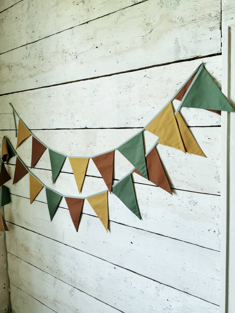 Green bunting banner, Mustard cotton flags, Fabric flags garland, Pennant chain garland, Green banner, Garland for kids nursery, Baby shower image 4