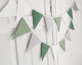 GREEN and WHITE bunting, Cotton triangles for nursery, Cotton fabric bunting garland, Wimpelkette for kids, Gray garland, Baby 1st birthday