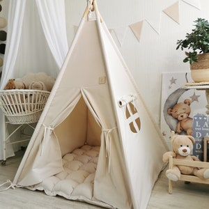 Off white CANVA teepee, Teepee with stabilizer, Tipi with poles, Tipi full set, Teepee with mattress, Playhouse with poles, Kid nursery home image 3