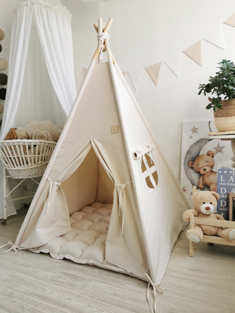 Off white CANVA teepee, Teepee with stabilizer, Tipi with poles, Tipi full set, Teepee with mattress, Playhouse with poles, Kid nursery home image 3