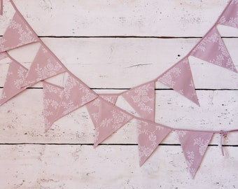 Stoffige roze kanten bunting banner, Beige bunting banner voor kinderdagverblijven en bruiloften, Babyshower, Lace banner voor feest, Wimpelkette voor kinderen