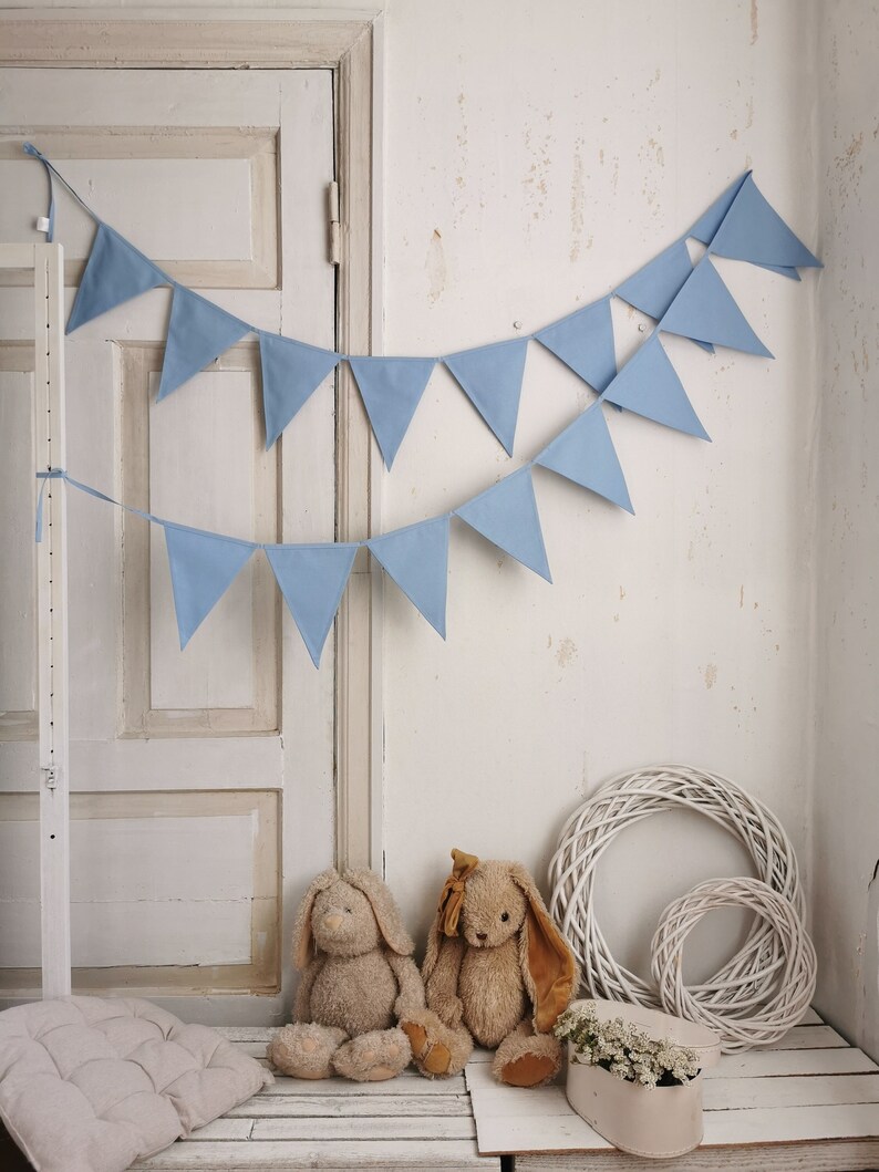 Baby blue bunting banner for boys room or nursery. Beautiful pennant chain for first birthday or baby shower. Garland is made from cotton fabric which is double sewed-two layers. Fabric triangles comes in different lenghts from 1metre till 100 meters