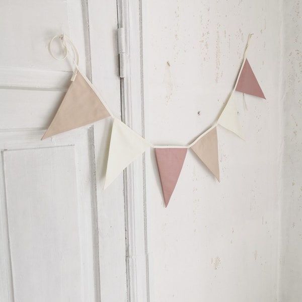 Beige and off white bunting banner for baby shower photo, Cotton triangles garland for girls room, Pennant chain for 1st Birthday party,