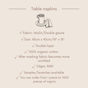 Double gauze table napkins for weddings dinner supper garden christmas eve or any festive. Double layer Muslin napkins with raw edges.Different colors available white, off white, gray,dusty pink, pinkold pink, old green, dark gray, yellow, beige