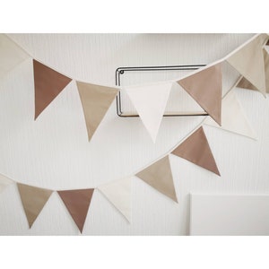 This beautiful pastel bunting banner will be perfect decoration for kids nursery, anniversary, festive, baby shower or restaurant. it made from 100% cotton fabric and have a OEKO-TEX sertificate. Colors are off white, beige, brown, white, creme, pink