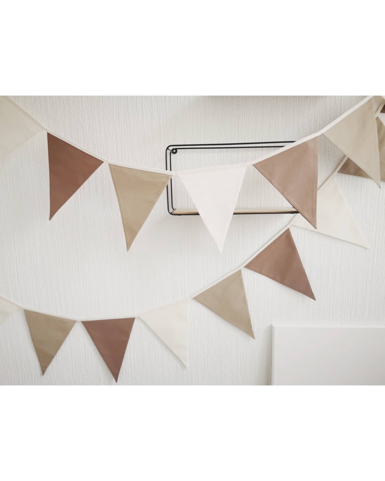 This beautiful pastel bunting banner will be perfect decoration for kids nursery, anniversary, festive, baby shower or restaurant. it made from 100% cotton fabric and have a OEKO-TEX sertificate. Colors are off white, beige, brown, white, creme, pink