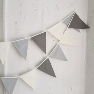 Cotton fabric triangles bunting banner. Available custom lengths from 1 meters till 100 meters. Bulk option available. In the picture colors are off white light gray and gray, but we offer personalization for colors in the last picture. Wimpelkette