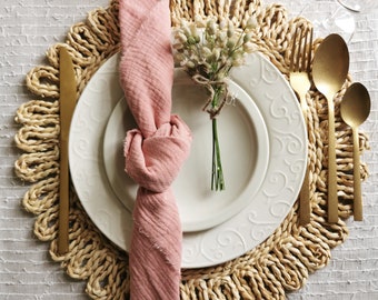 Serviettes de table en mousseline OLD PINK, serviettes en tissu biologique, serviettes en double gaze pour les mariages, serviette de table BOHO, carrés en mousseline de bord brut pour mariage