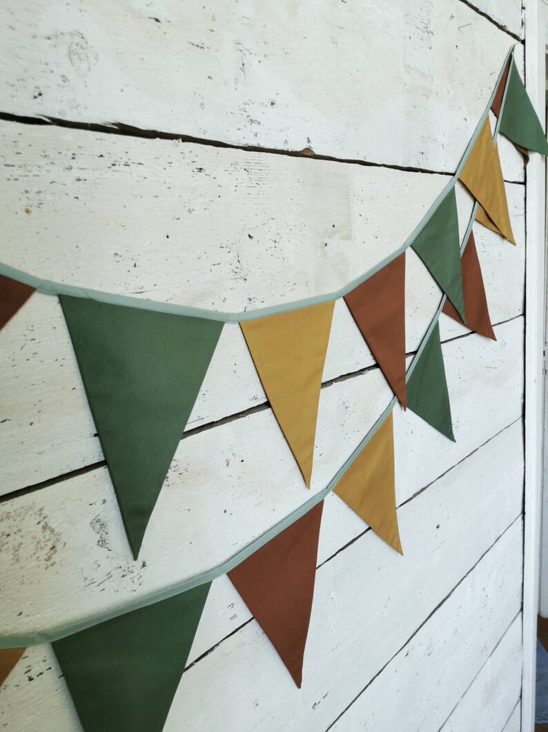 Green bunting banner, Mustard cotton flags, Fabric flags garland, Pennant chain garland, Green banner, Garland for kids nursery, Baby shower image 5