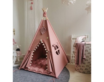 Canvas teepee tent with stabilizer, Old pink tipi set for kids nursery, Playtent with wooden poles and pom pom trim, Cotton wigwam with matt