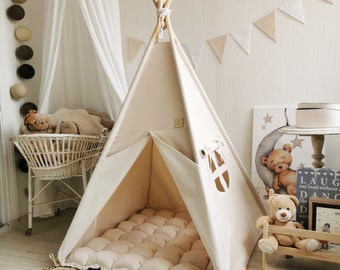 Tipi CANVA blanquecino, Tipi con estabilizador, Tipi con postes, Tipi juego completo, Teepee con colchón, Casa de juegos con postes, Casa de guardería para niños