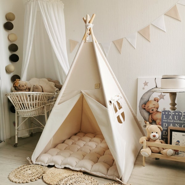 Off white CANVA teepee, Teepee with stabilizer, Tipi with poles, Tipi full set, Teepee with mattress, Playhouse with poles, Kid nursery home