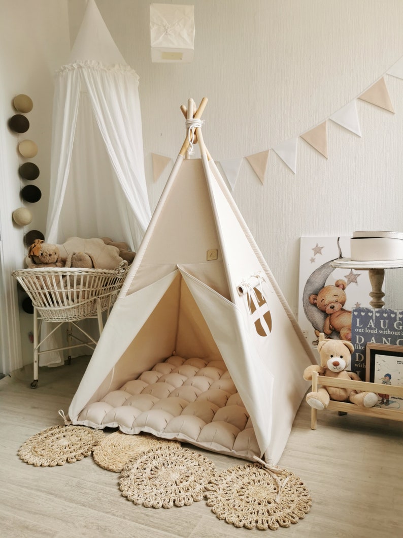 Off white CANVA teepee, Teepee with stabilizer, Tipi with poles, Tipi full set, Teepee with mattress, Playhouse with poles, Kid nursery home image 1